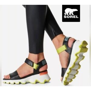 Sorel Kinetic Impact ll Sandal Black Green Sling Strap Platform Wedge Size 10